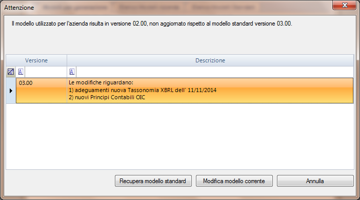 Selezionando Recupera Modello Standard viene automaticamente