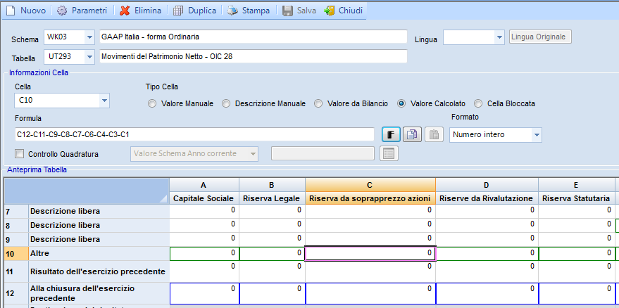 In questo caso la tabella nuova eredita dalla tabella duplicata solo le informazioni relative ai Parametri azienda e le descrizioni di righe e colonne.