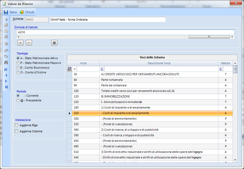 Inoltre è possibile creare formule con somme e differenze mediante l utilizzo degli operatori (+-) inserendo le voci dello schema di riclassificazione. 1.