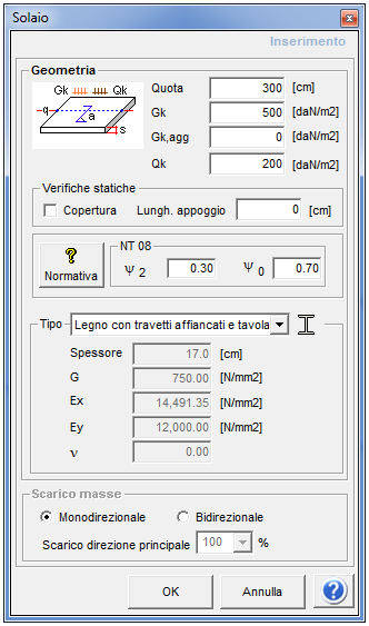 La Fig. 57, invece, illustra la schermata per l inserimento dei carichi. Fig. 57 Finestra (di default) per l inserimento, in 3Muri, dei carichi permanenti e variabili.