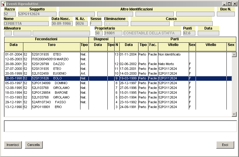 Eventi La funzione "Eventi" consente di visualizzare, modificare e stampare gli eventi di ciascun animale.