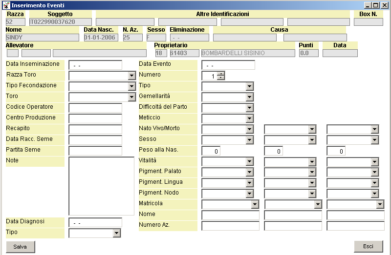 Eventi - Inserimento Cliccando sul pulsante "Inserimento" viene visualizzata la schermata di inserimento degli eventi dalla quale è possibile inserire i seguenti dati: Fecondazione Data della