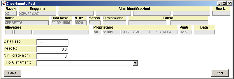 Pesi - Inserimento Devono essere inseriti i seguenti campi: Data Peso: La data in cui la pesata è stata effettuata Peso Kg: Il peso, qualora la pesata sia stata effettuata tramite bilancia