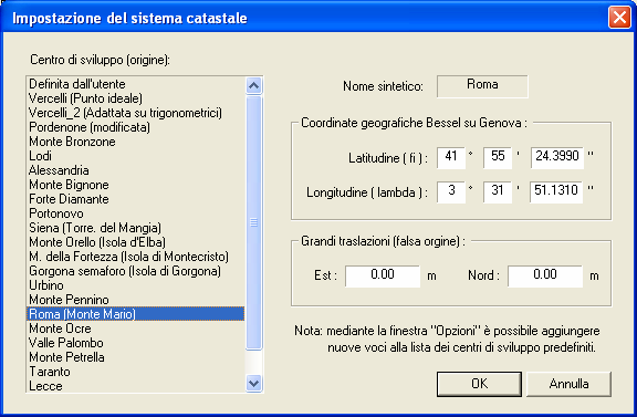 Successivamente, nella finestra di impostazione del sistema catastale - descritta qui sotto - le origini aggiunte dall utente compariranno insieme a quelle già presenti nel programma.