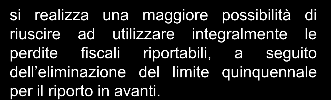 9 GLI EFFETTI IMPRESE CON PERDITE NON RICORRENTI si realizza uno svantaggio costituito dall allungamento del numero di esercizi necessario per utilizzare le perdite fiscali riportabili, a causa dell