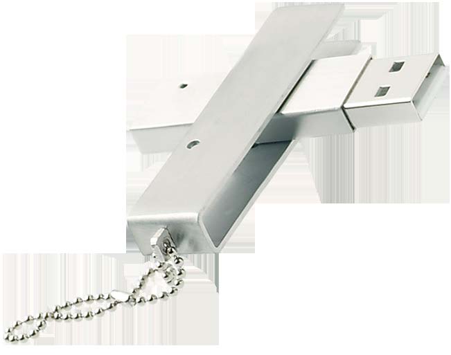 Metal Loud Twist Chiave USB in metallo, caratterizzata da una forma rettangolare e dalle dimensioni contenute. L'apertura avviene tramite un movimento rotatorio e termina con un anellino sporgente.
