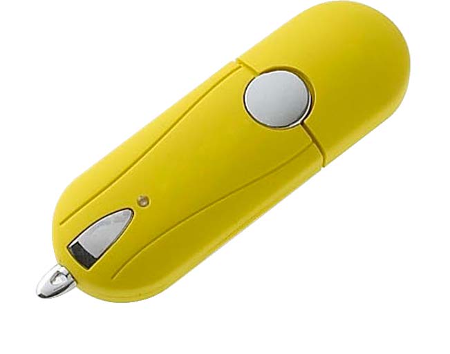 Base Side Chiave USB in materiale plastico, caratterizzata da una forma ovale dalle dimensioni standard e da un tondo in contrasto posizionato vicino al cappuccio removibile.