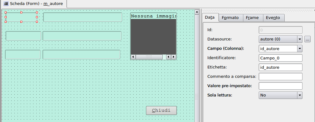 Scheda Autore Si crea una nuova maschera in struttura, si disegnano 6 campi utilizzando il comando campo e il riquadro
