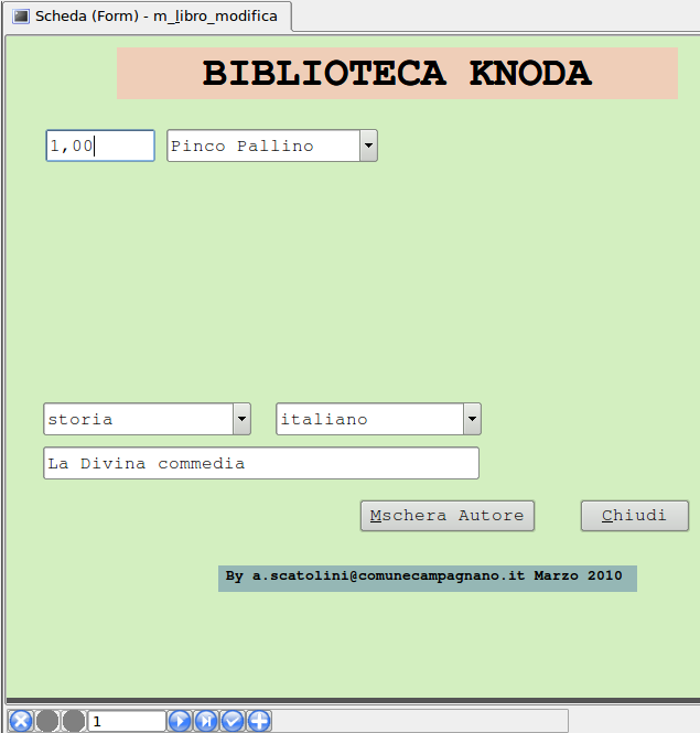 Scheda Libro in sola lettura Si crea la solida Scheda, si può aggiungere un titolo e altre indicazioni con il pulsante (casella di testo) poi si inseriscono 2 campi (per il contatore e per il titolo)