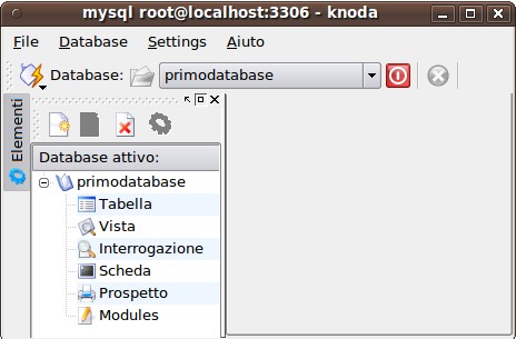 Database Creare un nuovo DataBase con KNODA All'apertura di Knoda appare la seguente finestra Premendo il pulsante Connetti si apre il pannello di connessione ( a destra), dopo aver scelto mysql come