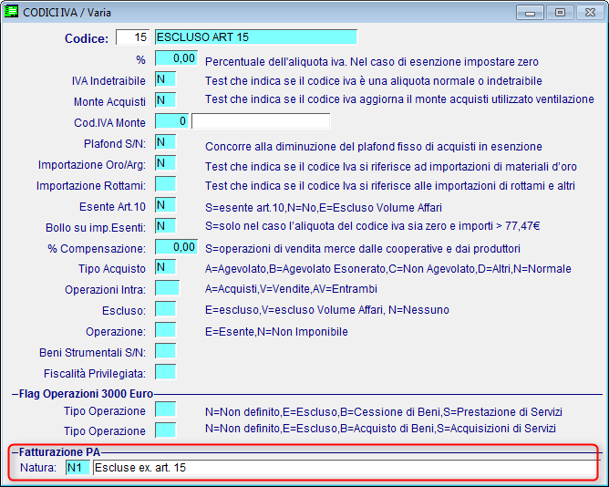 Nell anagrafica dei Codici IVA di ADHOC troviamo la casella per specificare la Natura per la PA La procedura Fatturazione PA quando si interfaccia con