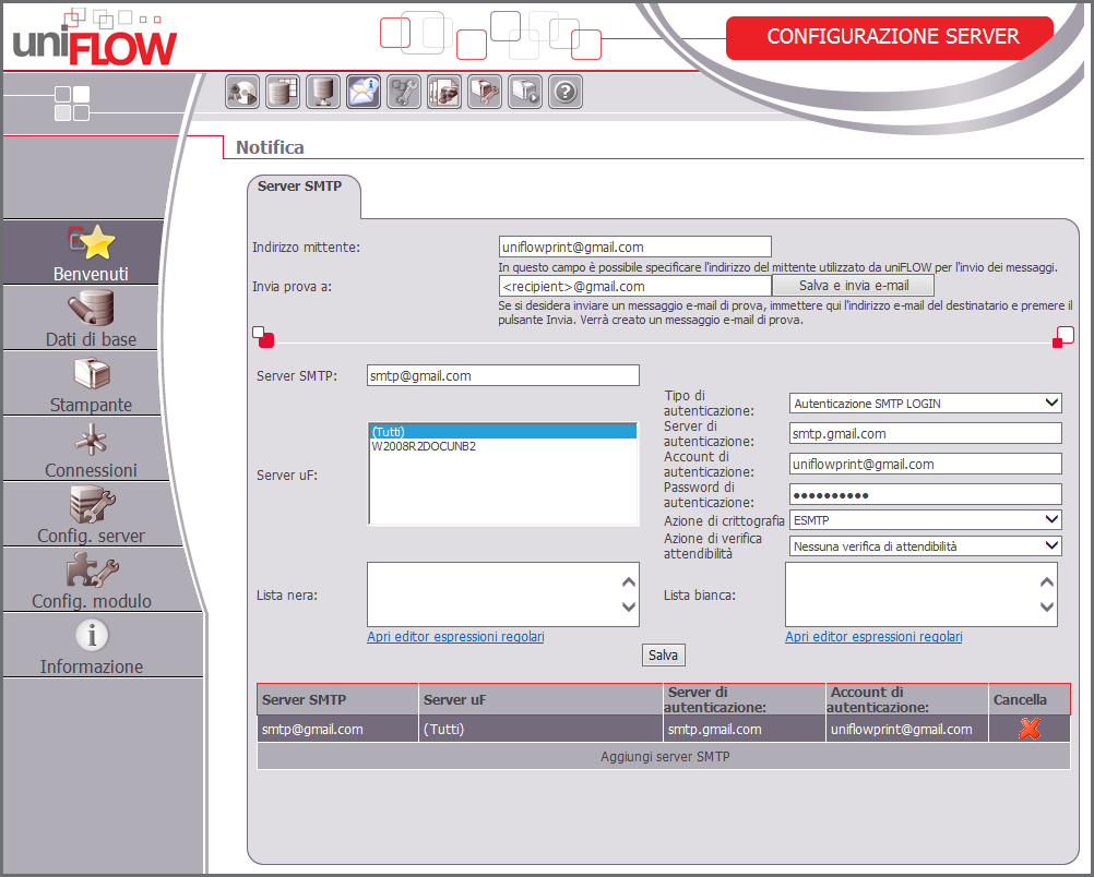 6. Nella casella Invia prova a, immettere un indirizzo e-mail del cliente valido e fare clic su Salva e invia e-mail per confermare che la connessione al server SMTP è