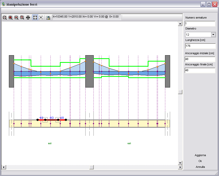Ambiente grafico di manipolazione L inserimento e la modifica delle armature avviene nell apposito ambiente grafico. I campi da inserire sono il numero di armature e il diametro.