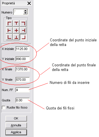 I punti iniziale e finale della retta possono essere selezionati graficamente sull input grafico, sia ancorandosi ai fili che a punti generici del piano di lavoro.