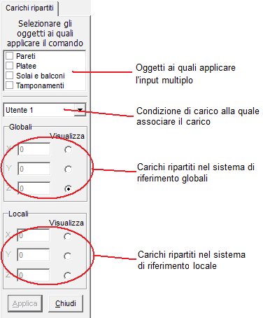 1.5.1.22 Carichi ripartiti sugli elementi bidimensionali Consente di inserire carichi ripartiti di tipo Utente sugli elementi bidimensionali.