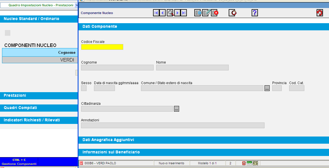 Nucleo Familiare Gestione Ctrl+ C Componenti Per inserire o modificare nuovi componenti e possibile anche utilizzare Ctrl+C Gestione