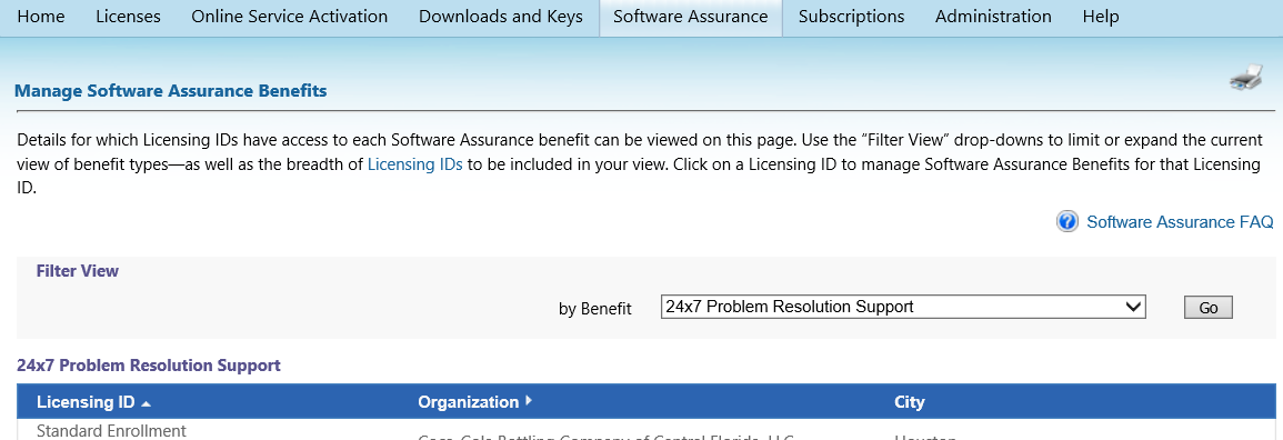 15 Download, Codici Key, Sottoscrizioni e Servizi online Utilizzo della pagina Gestione dei vantaggi di Software Assurance Dalla pagina Gestione dei vantaggi di Software Assurance è possibile