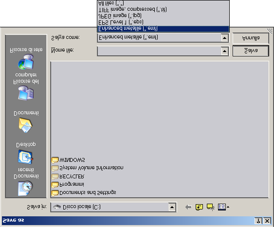 MANUALE : ESPORTAZIONE DEI DIAGRAMMI 29 Ad esempio, disponendo del sistema operativo Windows XP, la finestra di salvataggio ha il seguente aspetto: Figura 8.