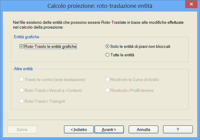 Segue la localizzazione verticale cui calcolo verrà eseguito tramite la finestra riportata a fianco dove saranno elencati tutti i punti codificati QU in automatico o dall'utente.