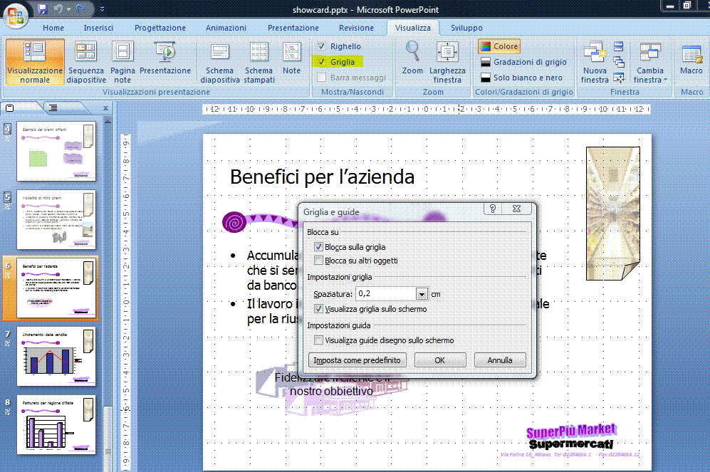 22 AM6 Strumenti di presentazione livello avanzato Operatività con PowerPoint XP - Selezionare il comando Griglia e guide dal menu Visualizza.