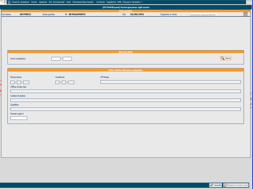 1.1.1.1.1.1.9.6 Partecipazione esami La funzione consente di inserire visualizzare e modificare i dati relativi alla partecipazione a esami dei supplenti.