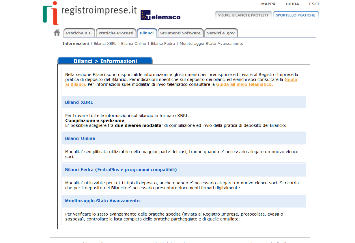 A questo punto occorre cliccare su Bilanci e verrà visualizzata la seguente maschera relativa alla nuova versione completamente rinnovata per la deposito bilanci 2015.