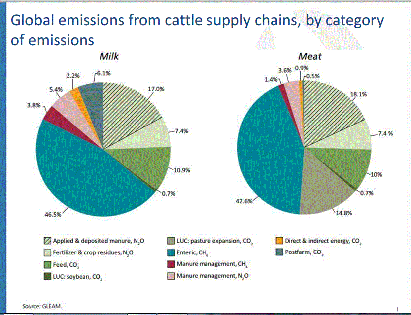 Emissione di GHG per il comparto bovino (carne e latte) (FAO, 2013) (LUC= land use