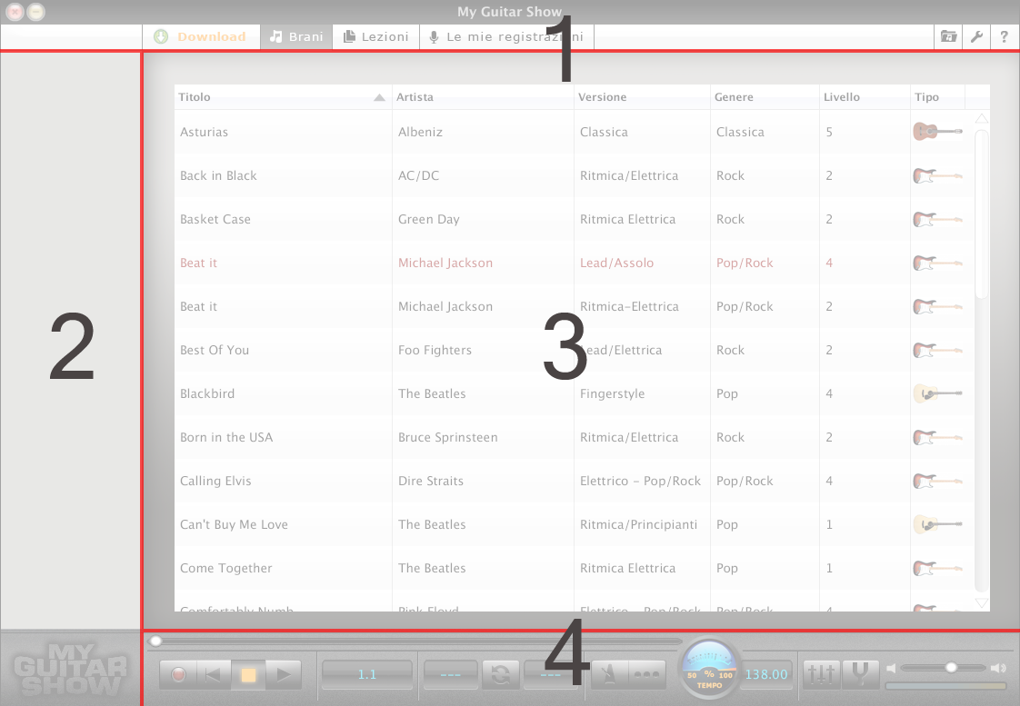 Area di lavoro pag5 Panoramica delle aree di lavoro Le aree di lavoro di My Guitar Show sono quattro, come nella figura seguente: fig.