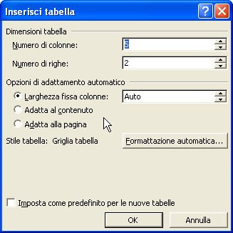 Il comando Inserisci apre una successiva tendina nella quale troviamo un unica opzione attiva: Tabella Questa opzione apre una nuova finestra di dialogo nella quale l utente può impostare il numero