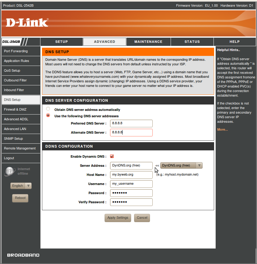 DYNDNS In questa immagine è rappresentata la schermata del router relativa alle impostazioni del DNS e dell eventuale utilizzo di servizi di DNS dinamico (ad esempio DynDNS).