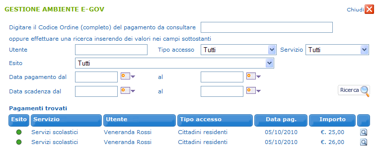 La Gestione dei Pagamenti Controllare i pagamenti dal portale egov L ente riceverà notifica dalla banca di riferimento dell avvenuto pagamento, questa comunicazione conterrà il codice ordine riferito