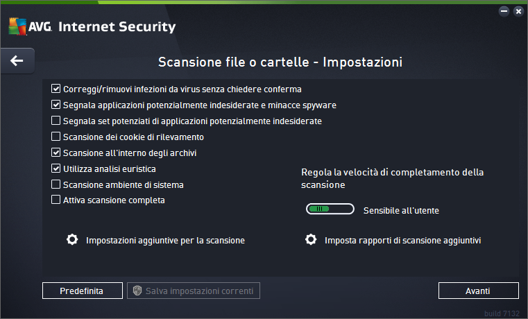 Modifica della configurazione della scansione È possibile modificare la configurazione di Scansione file o cartelle nella finestra di dialogo Scansione file o cartelle Impostazioni (tale finestra è