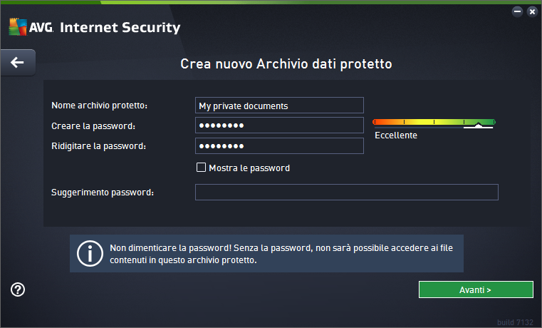 Innanzitutto è necessario specificare il nome dell'archivio protetto e creare una password complessa: Nome archivio dati protetto: per creare un nuovo archivio protetto, è innanzitutto necessario