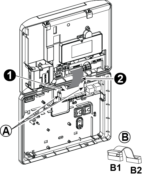 4. INSTALLAZIONE DEL PowerMaster-30 G2 A. Connettore del PowerMaster- 30 G2 B. Unità anteriore C. Modulo PGM-5 D. Unità posteriore E. Cablaggio F. Piattina F.1 Questo lato per l unità anteriore F.