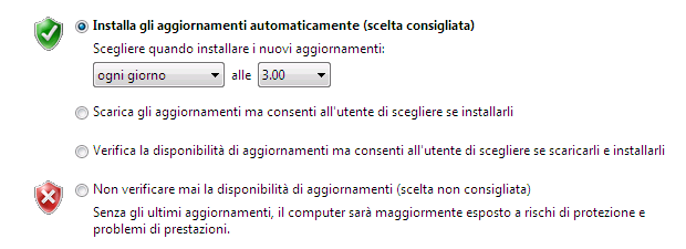 Configurare gli Aggiornamenti automatici Clic su Start -> clic su Pannello di Controllo -> clic su Protezione -> clic su Windows Update -> in alto a sinistra nella finestra clic sulla voce Cambia