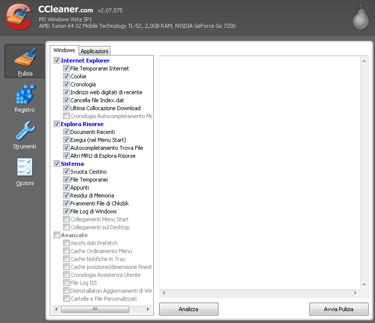 Procedure di pulizia e disinfezione del computer Usare CCleaner 2.15, impostando sia la pulizia dei files inutili che le chiavi obsolete del registro di configurazione.