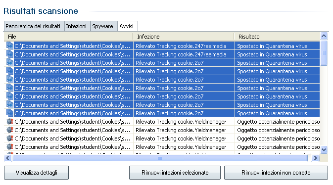 Nella scheda Avvisi, infine, sono elencati i files ritenuti potenzialmente minacciosi: generalmente si tratta di ccokies.