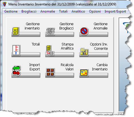 Inserimento prodotti in Inventario Dopo il salvataggio delle opzioni di valorizzazione (capitolo precedente) il programma si posiziona automaticamente nel Menù