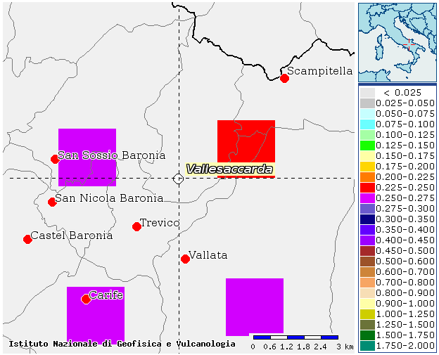 Fig. 25 Mappa di pericolosità sismica redatta a cura dell INGV di Milano secondo le Nuove Norme Tecniche per le Costruzioni (D.M. 14/01/2008) - Punti della griglia riferiti a: parametro dello scuotimento a g ; probabilità in 50 anni 10%; percentile 50.