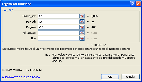 Modulo 4 - Nuova ECDL G. Pettarin Spreadsheet Gli argomenti della funzione Val.fut() Premi OK. Dovresti avere il risultato 6.740,26. Nota.