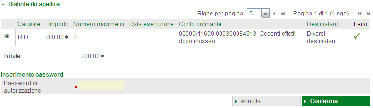 Si apre la maschera di autorizzazione: Scegliete il conto di accredito sul quale volete accreditare i RID. Cliccate su Conferma.