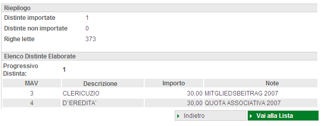 Per importare i dati degli incassi cliccate su Importa. Tenete presente che per l import i dati devono avere il formato SIA-SETIF.