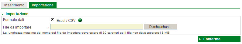 Importazione [ >Anagrafiche >Importazione] Dati anagrafici possono essere importati con file in formato Excel oppure CVS. Confronti il suo file con gli esempi che trova sotto riportato.