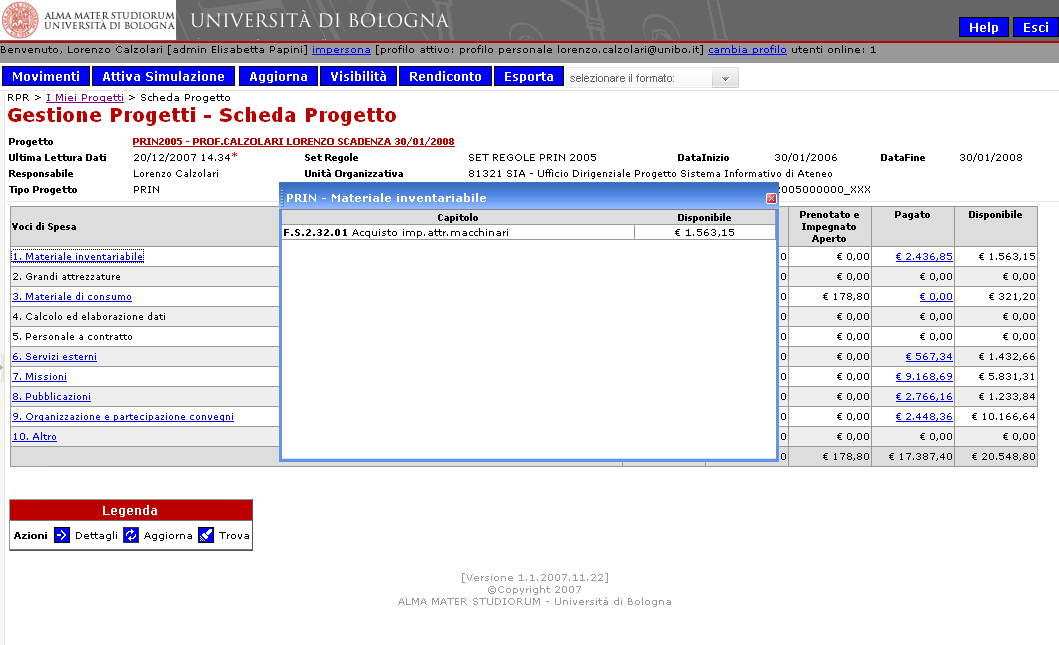 Codice CIA: il codice bilancio CIA del progetto; Data Inizio: la data di avvio del progetto; Data Fine: la data entro la quale deve essere completato il progetto; Codice MUR: il codice assegnato al