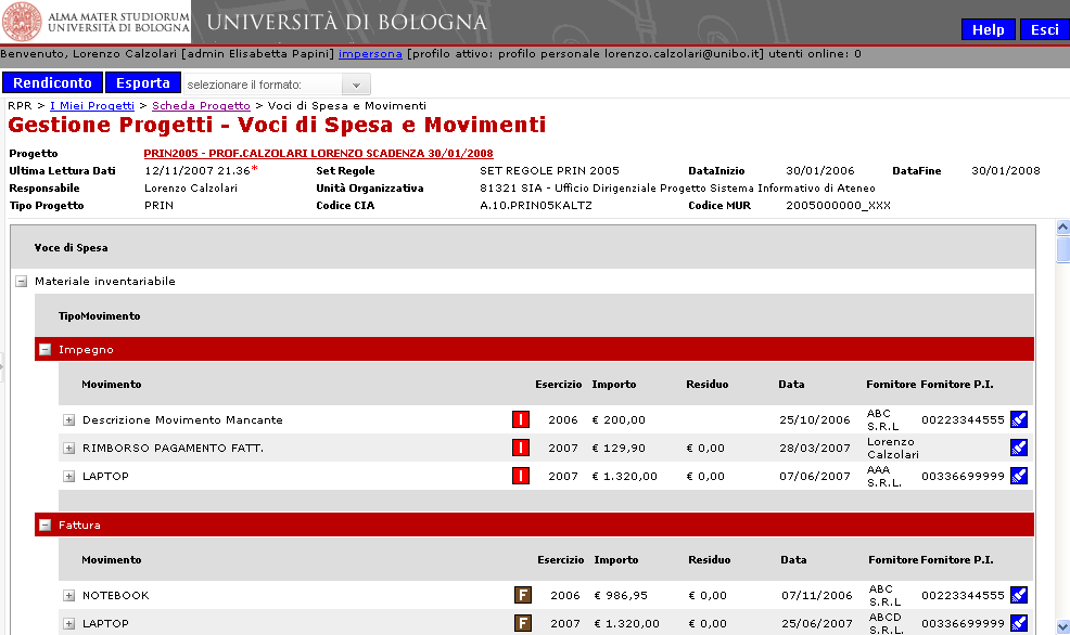 3.10. Gestione Progetti Voci di spesa e Movimenti Nella pagina di Gestione Progetti Voci di Spesa e Movimenti i movimenti sono raggruppati prima per voce di spesa e poi per tipo (Impegni, Fattura,