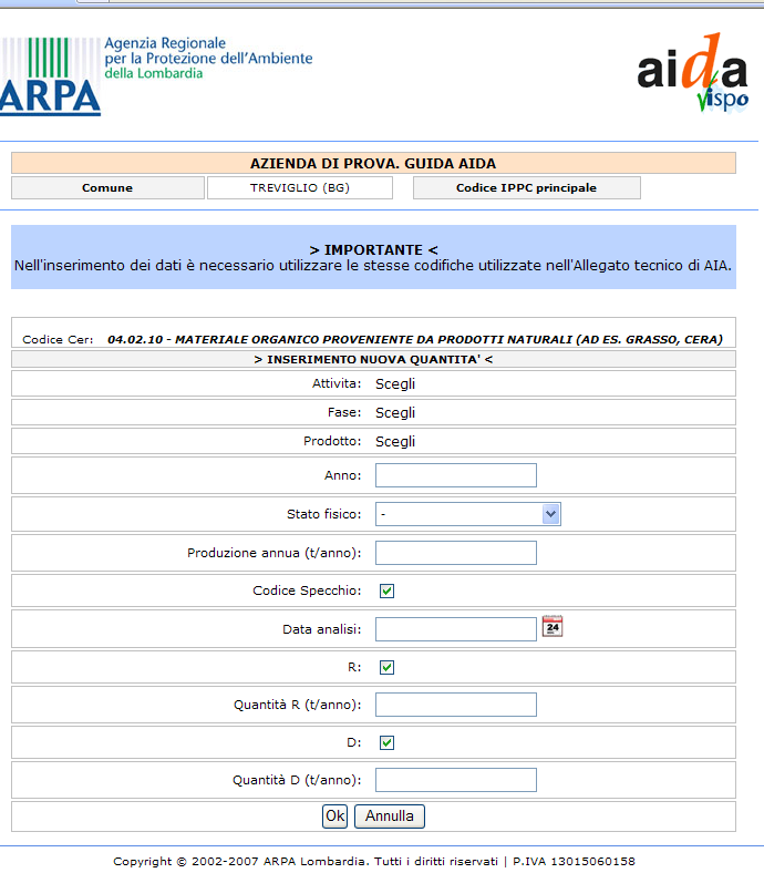 Successivamente, dopo aver inserito i Codici C.E.R.