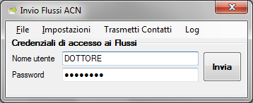 Se si fossero inserite le credenziali sbagliate, dal programma di Invio Flussi si possono inserire nuovamente i dati di accesso. Dal menù Impostazioni selezionare la voce Credenziali utente.