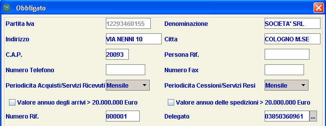 INTRA: Elenchi Cessioni ed Acquisti - 45 Delegato: compilare in caso di invio da parte di altro soggetto, dopo aver inserito l opportuna anagrafica dalla funzione Anagrafica Delegato Nuovo Delegato