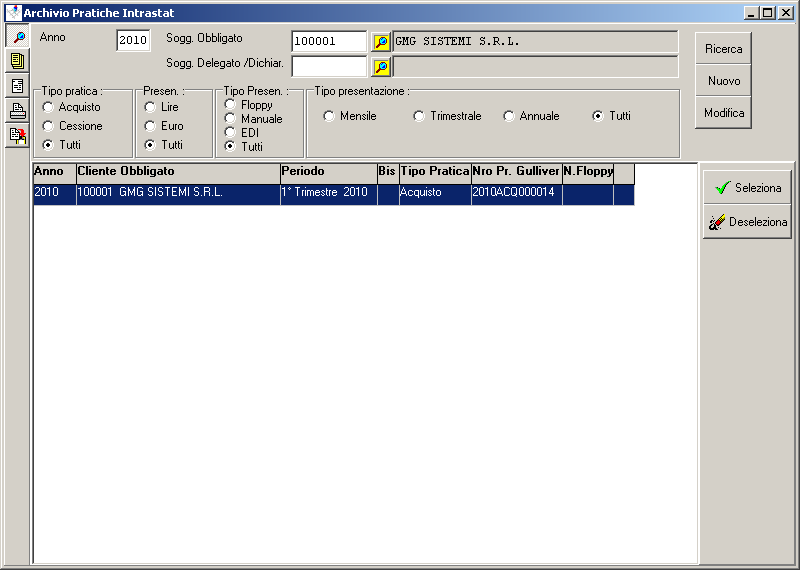 Gestione Pratiche Il programma in questione da la possibilità all utente di gestire in modo completo le pratiche intrastat inserite ed eventualmente stamparle.