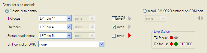 TAB SO2R Il Tab SO2R consente di configurare il MK2R/MK2R+ per accettare i segnali che vengono usati da ogni programma per selezionare focus di trasmissione e cuffie ed il modo col quale il